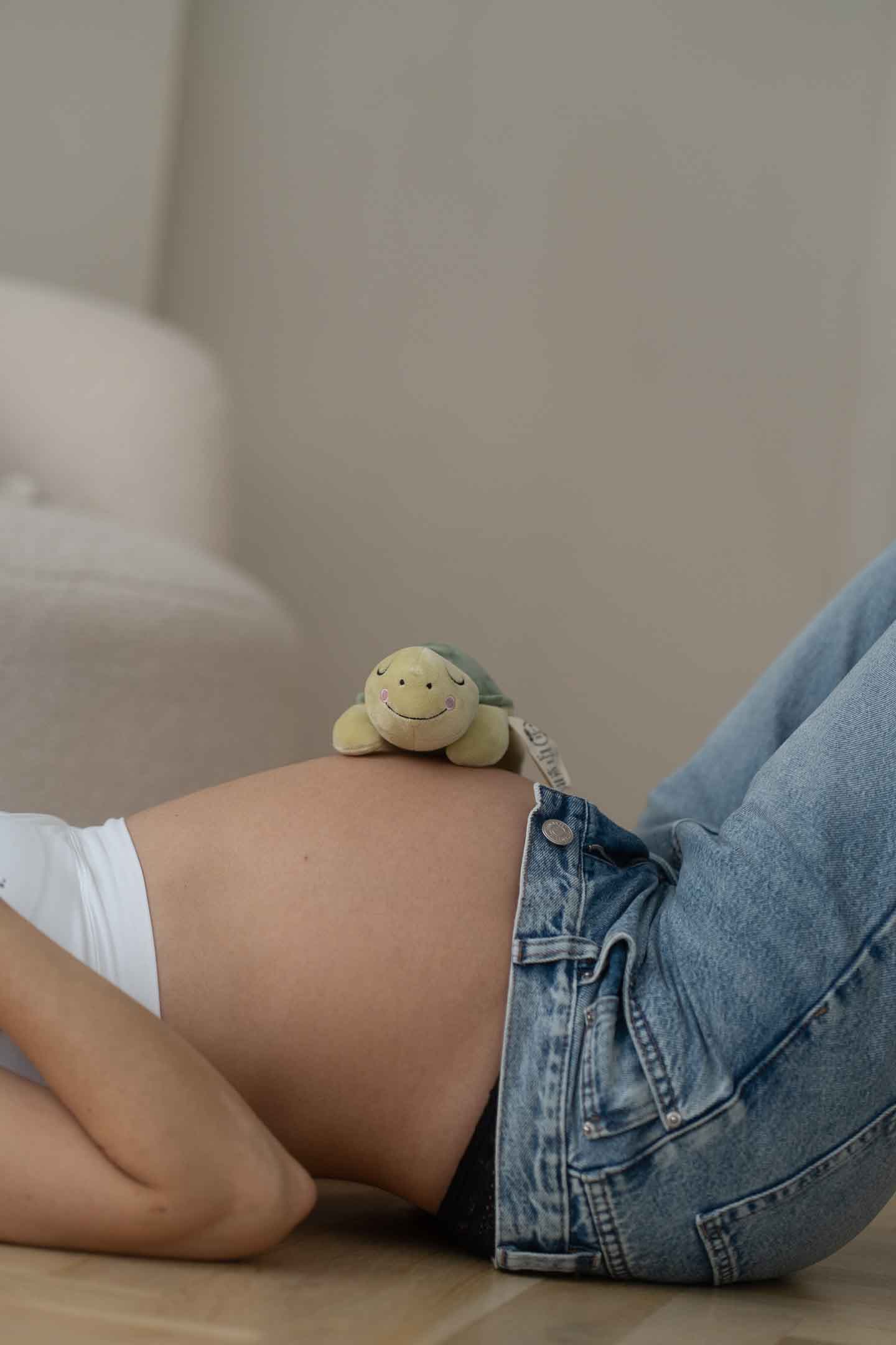 Plüschschildkröte liegt auf dem Babybauch einer Schwangeren